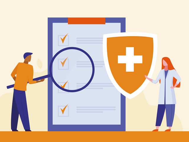 An animated man holding a magnifying glass infront of a checklist and a woman standing by a shield with a medical cross on it