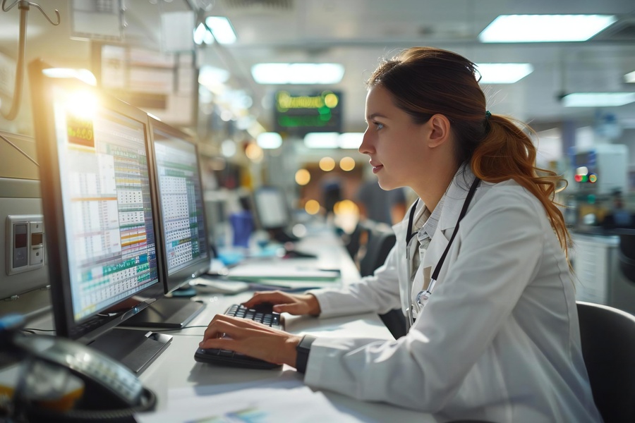 A female pediatrician working on medical billing claims
